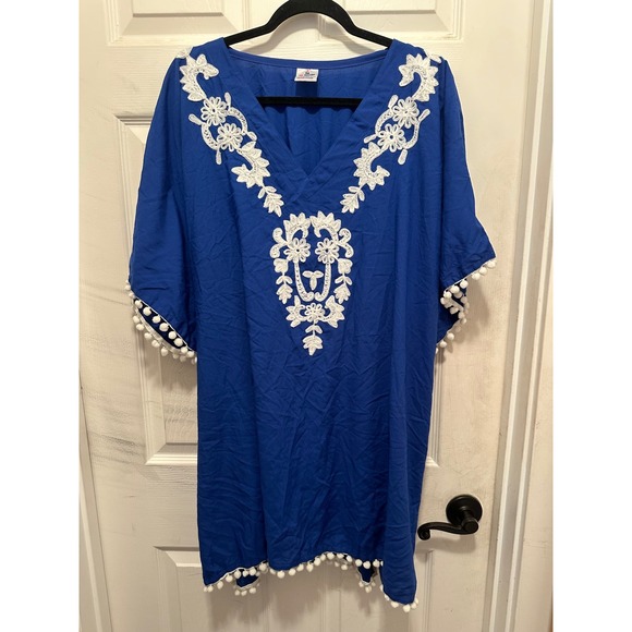 La Leela Other - La Leela Royal Blue Embroidered Pom Pom Kaftan Swim Cover Up Dress Boho Beach